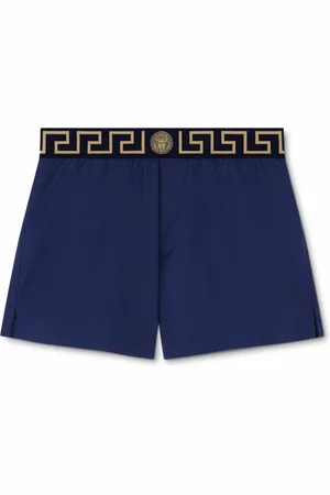 VERSACE Stroje kąpielowe, Mężczyzna, Niebieski, S, Nylon, Niebieskie szorty kąpielowe z obrzeżem Greca