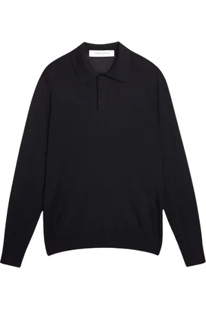 Golden Goose Swetry, Mężczyzna, Niebieski, L, Wełna, Granatowa dzianinowa koszulka polo z długim rękawem