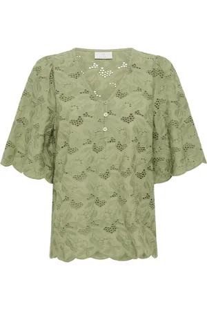Kaffe Bluzki, Kobieta, Zielony, 3XL, Bawełna, Elegancka Bluzka z Haftem Oil