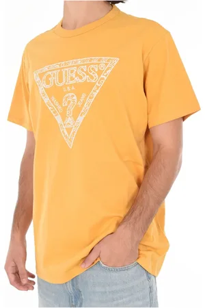 Guess Koszulki, Mężczyzna, Żółty, S, Bawełna, T-shirt z haftowanym logo - Trójkąt