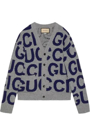 Gucci Swetry, Mężczyzna, Szary, M, Wełna, Wełniany kardigan Intarsia z logo