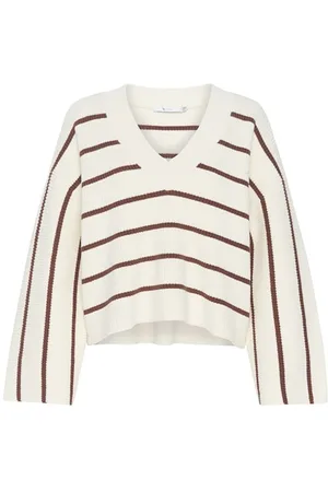Gestuz Swetry, Kobieta, Beżowy, S, Bawełna, Sweter V-Neck w Brązowe Paski