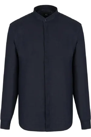 Armani Exchange Koszule, Mężczyzna, Niebieski, L, Len, Koszula z logo z niebieskiego lnu