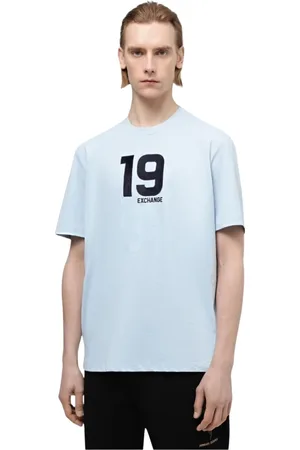Armani Exchange Koszulki, Mężczyzna, Niebieski, M, Bawełna, Koszulka z haftowanym logo