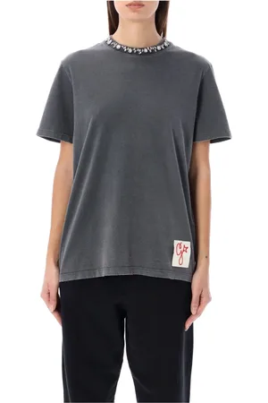 Golden Goose Koszulki, Kobieta, Szary, L, Bawełna, T-shirt z okrągłym dekoltem i dżetami Antracytowy