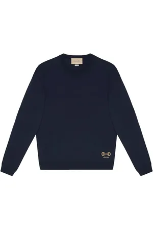 Gucci Bluzy, Mężczyzna, Niebieski, M, Wełna, Wełniany sweter z intarsją w kształcie końskiego wędzidła