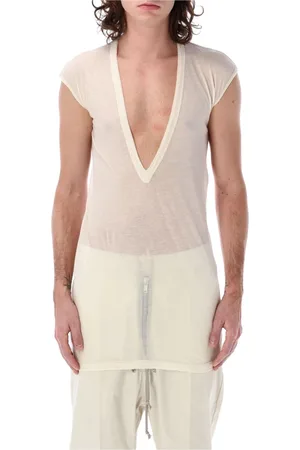 Rick Owens Koszulki, Mężczyzna, Beżowy, S, Bawełna, Naturalny T-shirt z głębokim dekoltem w serek