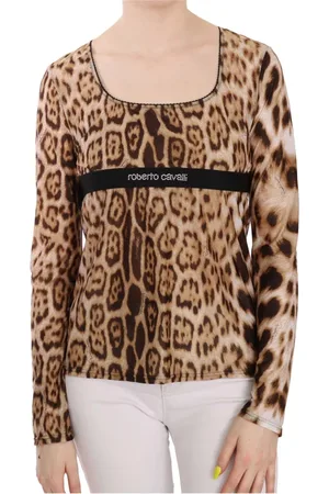 Roberto Cavalli Koszulki, Kobieta, brązowy, L, Elegancka bluzka w panterkę