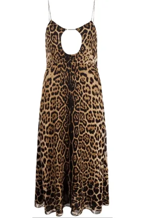 Saint Laurent Sukienki, Kobieta, brązowy, M, Wełna, Sukienka midi z wycięciami w panterkę
