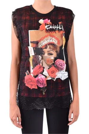 Roberto Cavalli Koszulki, Kobieta, Czarny, M, Hybrydowa bluzka w kratę tartan