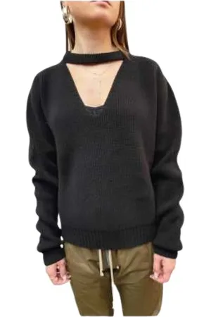 Rick Owens Swetry, Kobieta, Czarny, L, Wełna, Sweter z dekoltem w serek z ozdobnym pasem
