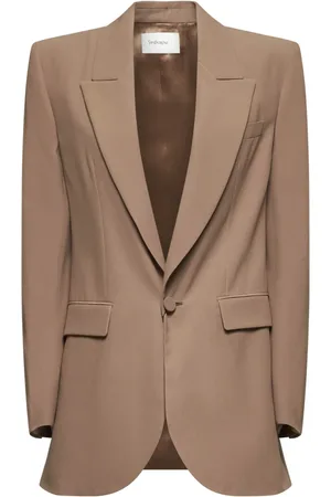 Saint Laurent Kurtki, Kobieta, brązowy, S, Beżowa Jedwabna Marynarka z Klapami Peak