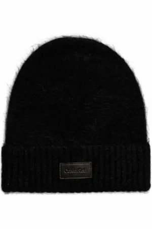 Calvin Klein Akcesoria, Kobieta, Czarny, ONE SIZE, Lekka czapka z skórzanym emblematem