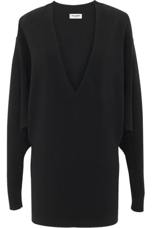 Saint Laurent Swetry, Kobieta, Czarny, L, Wełna, Wełniana sukienka z dekoltem w serek