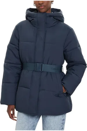 Calvin Klein Kurtki, Kobieta, Niebieski, M, Nylon, Niebieska Sweterkowa Kurtka z Kapturem i Kieszeniami