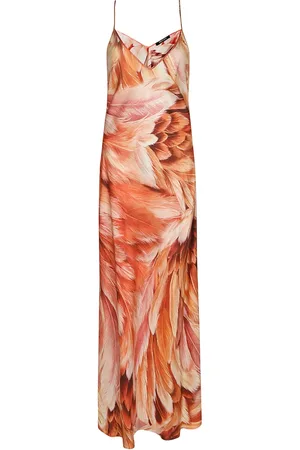 Roberto Cavalli Sukienki, Kobieta, Pomarańczowy, S, Jedwabna Sukienka Maxi Plumage