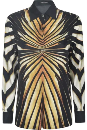 Roberto Cavalli Bluzki, Kobieta, Wielobarwność, M, Jedwabna koszula z abstrakcyjnym nadrukiem