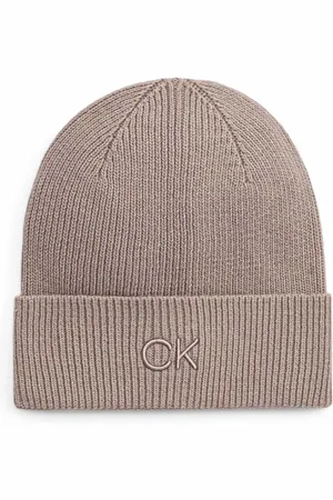 Calvin Klein Akcesoria, Kobieta, Beżowy, ONE SIZE, Len, Beżowa Czapka z Włóczki dla Kobiet