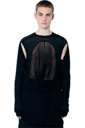 Rick Owens Koszulki, Mężczyzna, Czarny, L, Bawełna, Panelowa Koszulka Bawełniana z Okrągłym Dekoltem i Długim Rękawem