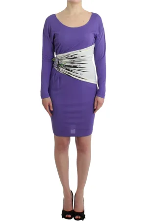 Roberto Cavalli Sukienki, Kobieta, Fioletowy, XL, Fioletowa sukienka z długim rękawem w kwiaty