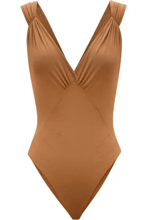 Saint Laurent Koszulki, Kobieta, brązowy, S, Brązowe body z jedwabnej mieszanki z zakładanym dekoltem
