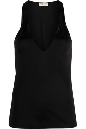 Saint Laurent Koszulki, Kobieta, Czarny, S, Czarny półprzezroczysty top z dżerseju z dekoltem w kształcie litery U
