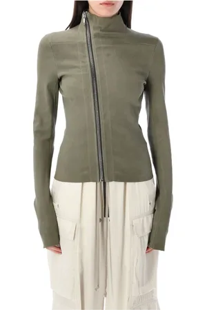 Rick Owens Kurtki, Kobieta, Zielony, S, Skóra, Skórzana kurtka w kolorze celadonu z asymetrycznym zamkiem
