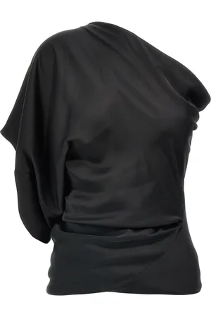 Rick Owens Bluzki, Kobieta, Czarny, S, Czarna drapowana bluzka z asymetrycznym dekoltem