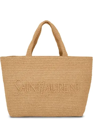 Saint Laurent Torebki, Kobieta, Beżowy, ONE SIZE, Torba Tote z Rafii z Haftowanym Logo