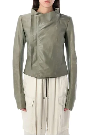 Rick Owens Kurtki, Kobieta, Zielony, M, Skóra, Celadonowa kurtka motocyklowa z niskim dekoltem