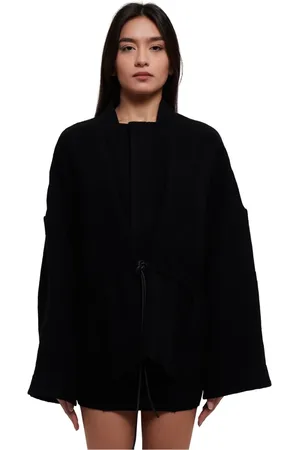 Rick Owens Kurtki, Kobieta, Czarny, ONE SIZE, Wełna, Czarna wełniana peleryna-kurtka z paskiem i zapięciem na zatrzaski