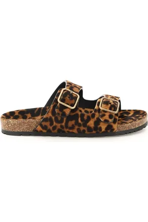 Saint Laurent Buty, Kobieta, Wielobarwność, 37 EU, Skóra, Skórzane klapki z efektem pony w panterkę