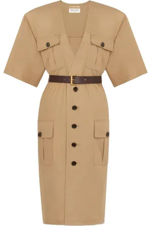 Saint Laurent Sukienki, Kobieta, Beżowy, S, Bawełna, Beżowa sukienka z bawełny z dekoltem w serek