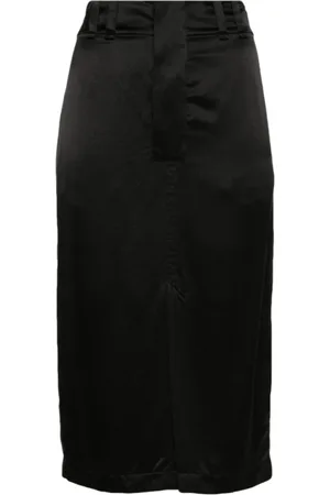 Saint Laurent Spódnice, Kobieta, Czarny, L, Czarna jedwabna spódnica midi z rozcięciem