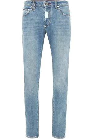 Philipp Plein Jeansy, Mężczyzna, Niebieski, W31, Denim, Wyprane Jeansyy z Logo Patch