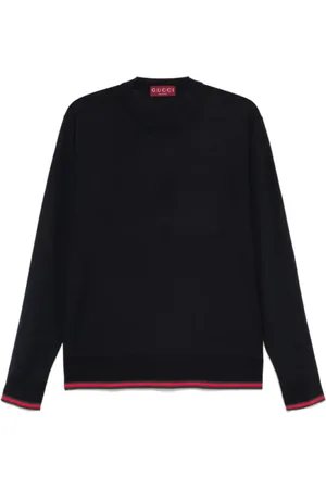 Gucci Swetry, Mężczyzna, Niebieski, M, Granatowy Sweter z Wełny i Ozdobną Lamówką