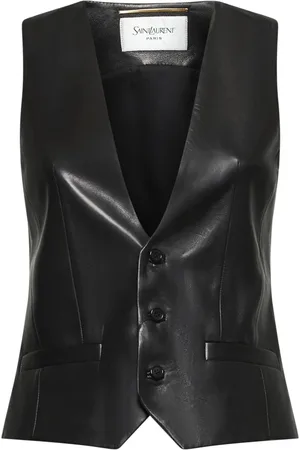 Saint Laurent Kurtki, Kobieta, Czarny, L, Skóra, Czarna kamizelka ze skóry jagnięcej z dekoltem w serek