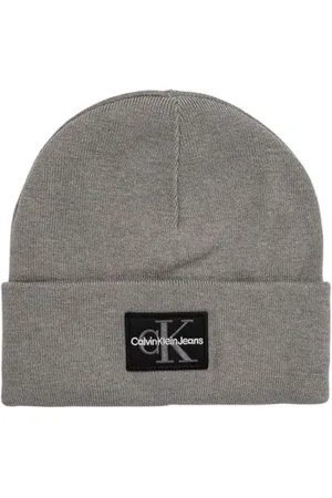 Calvin Klein Akcesoria, Mężczyzna, Szary, ONE SIZE, Logo Patch Beanie Ciepła Mieszanka