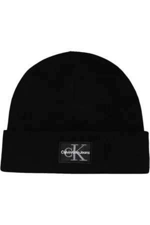 Calvin Klein Akcesoria, Mężczyzna, Czarny, ONE SIZE, Len, Logo Patch Beanie Ciepły Blend
