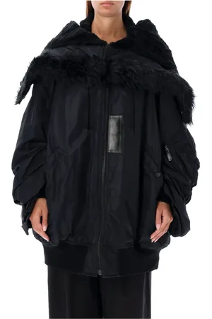 JUNYA WATANABE Kurtki, Kobieta, Czarny, M, Nylon, Czarna Oversize Kurtka Bomber z Kołnierzem z Sztucznego Futra