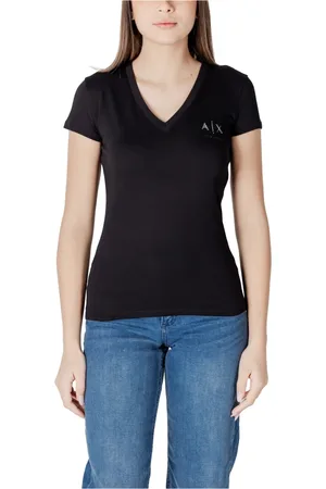 Armani Exchange Koszulki, Kobieta, Czarny, M, Czarna Koszulka z Wycięciem V z Bawełny
