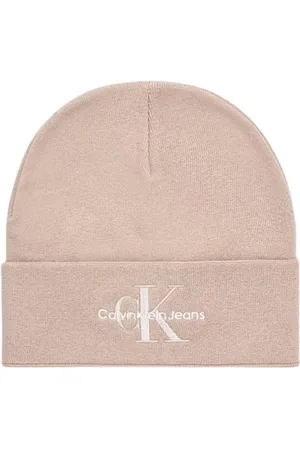 Calvin Klein Akcesoria, Kobieta, Beżowy, ONE SIZE, Minimalistyczny Logo Bawełniany Beanie