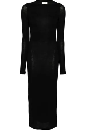 Saint Laurent Sukienki, Kobieta, Czarny, S, Czarna Sukienka Dzianinowa z Dekoltem Wodą