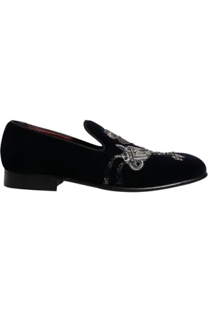 Dolce & Gabbana Buty, Mężczyzna, Czarny, 41 EU, Welurowe Mokasynyy z Kwiatowym Wzorem