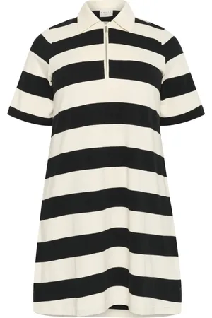 Kaffe Sukienki, Kobieta, Czarny, L, Polo dress w paski z zamknięciem na zamek błyskawiczny