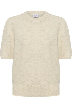 Saint Tropez Swetry, Kobieta, Beżowy, 2XL, Sweter z Krótkim Rękawem Kremowy Melanż