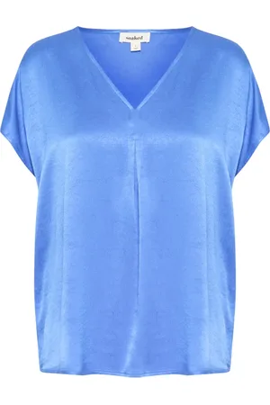 Soaked in Luxury Bluzki, Kobieta, Niebieski, S, Len, Elegancki Top z dekoltem V Palace