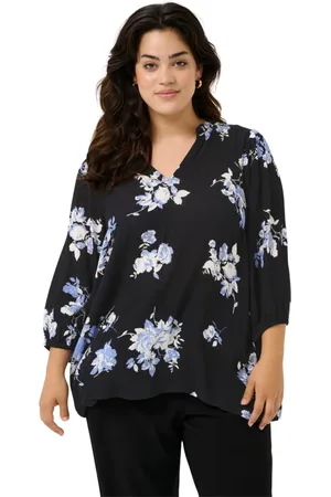Kaffe Bluzki, Kobieta, Czarny, 7XL, Kobieca Bluzka z Kwiatowym Printem