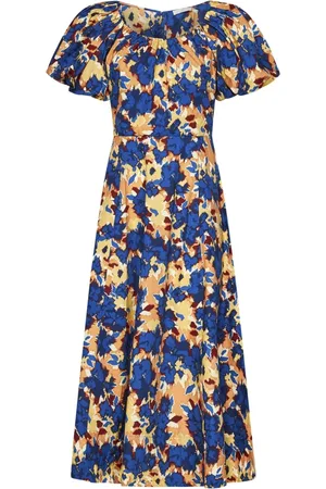 ULLA JOHNSON Sukienki, Kobieta, Wielobarwność, M, Niebieska Kwiatowa Sukienka Midi Eleganckie Okazje