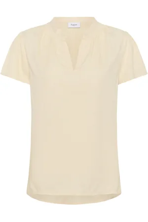 Saint Tropez Bluzki, Kobieta, Beżowy, 2XL, Len, Feminine Bluzka z Dekoltem w Kremowym